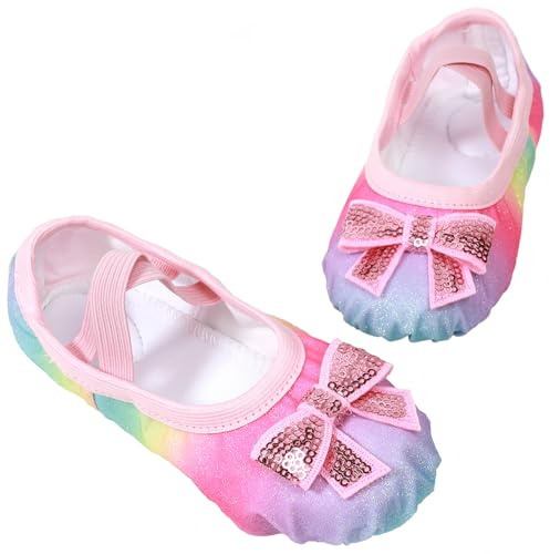 Ballet Shoes Glitter Split-Sole for Girls Toddler Dance Slippers with Elastic Laces (Toddler/Little Kid/Big Kid) Rainbow Glitter 8
