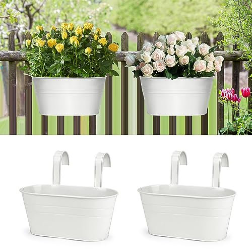 2 Stück Metall Hängende Blumentöpfe, Metall Hängetöpfe, Wandbehang Pflanzkübel Blumenhalter mit Zwei abnehmbaren Haken, hängender Blumentopf für drinnen und draußen Balkon Wanddekoration (Weiß)
