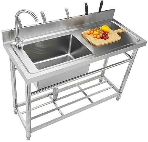 VEVOR Évier Cuisine Utilitaire Commercial en Acier Inoxydable, Petit Évier sur Pied Cuve Simple avec Établi Robinet Pieds, pour Garage, Restaurant, Blanchisserie, Cuisine, Salle de Bain 100x50x95 cm