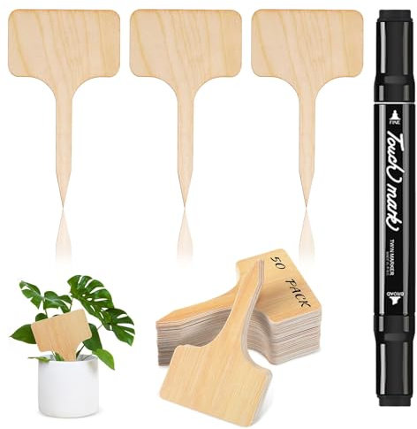 Cozevdnt Pflanzschilder für Draussen, 50 Stück Premium Holz Pflanzenstecker, 6X10CM T-Typ Wetterfest Pflanzenschilder mit 1 Einem Markierungsstift, zum kräuter schilder etiketten pflanzen
