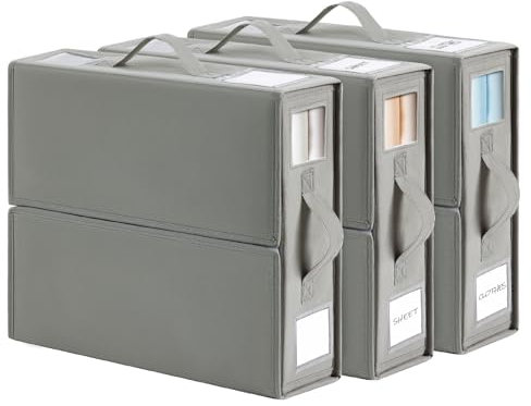 DIMJ Bettwäsche Organizer Unterbett Aufbewahrungsbox - Faltbare Bettwäsche Aufbewahrung mit Fenster, Bettlaken Organizer in Kleiderschrank für Bettdecken, Kleidung, Decken, 3 Stück (Grau)