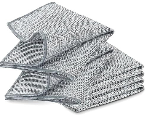 YinQin 6 PCS Double Layer Stainless Steel Scrubber Wire Dishwashing Cloth Non Scratch Stainless Steel Mesh Cleaning Cloth 20x20 cm Metallic Wire Dish Cleaning Rag Towel for Kitchen Dish Sink Stove Top