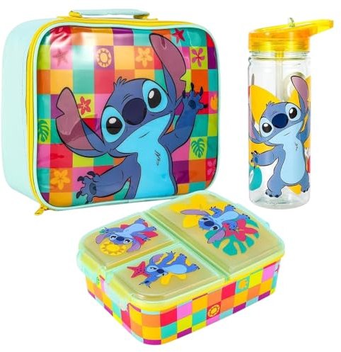 Stitch Kids Lunch Box Set – School & Travel Snack Boxes Set of 3 | Insulated Lunch Bag, Lunch Box with Compartments & 580ml Water Bottle, Lunch Bag & Box Gift Set for Boys & Girls | BPA Free