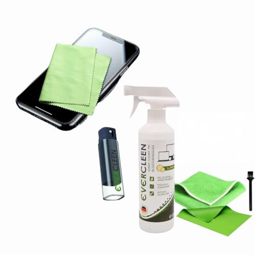 EVERCLEEN Made in Germany Screen Cleaner Pro Bildschirmreiniger 500ml + Mikrofasertuch + 2GO Sprüher. Umweltschonender Veganer Reiniger für TV, PC, Laptop, Tablet, Displays, Brillen & Smartphone