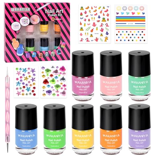 Wakaniya Barnens nagellack Set Peel Off Barn Nagellack Flickor Giftfritt Set Med Ädelstenar Klistermärken 8 Färger Vattenbaserat Låg Lukt Nagelset