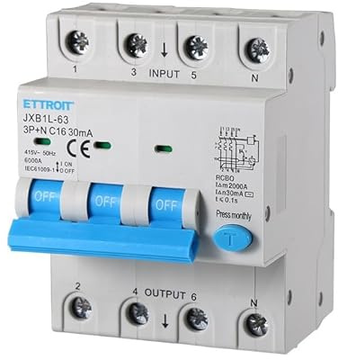 ETTROIT INTERRUPTEUR MAGNÉTOTHERMIQUE DIFFÉRENTIEL POUR BARRE DIN 4 MODULES 3P+N 380V 30mA 6KA (16A)