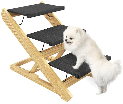PawHut Dog Steps, 3-Step Adjustable Height Pet Stairs for Medium Dogs, Foldable Dog Stairs for Bed Sofa, Non-Slip Surface