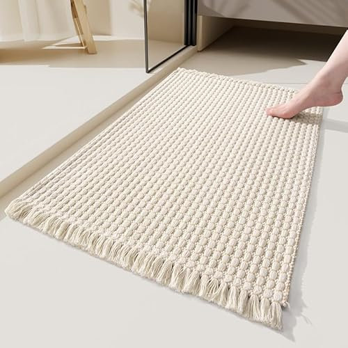 Duidy Waffel Badematte, Super Absorbierende rutschfeste Badematten für Badezimmer Boden Maschine Waschbare Badezimmer Teppiche mit Quaste (Beige,50x80cm)
