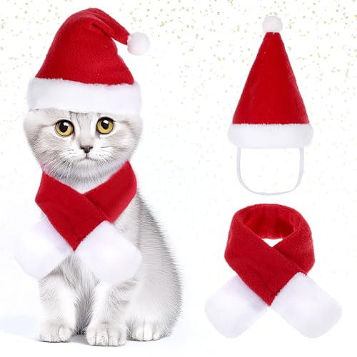 Weihnachtskostüm für Katzen, Abeillo Weihnachtsmütze und Schal für Klein Hund Katze, Katzen Hunde Weihnachtskostüm für Rot Katzenbekleidung Hundebekleidung Weihnachts Outfit Geschenk (S)