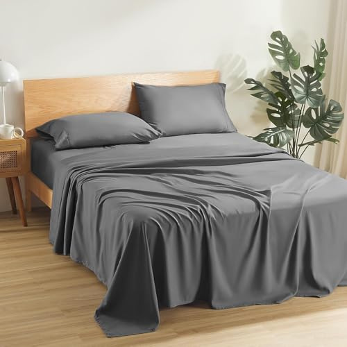 Filo Magico 100% Cotton 4 Piece Sheets Set, 200 Thread Count Luxury 30cm Deep Fitted Sheet, Flat Bed Sheet & Pillowcases, Ultra Soft Easy Care Hotel Quality Bedding Sheets Set - Double, Grey