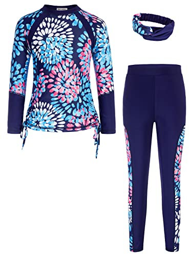 GRACE KARIN Mädchen Zweiteiliger Badeanzug Sommerurlaub Rush Guard Oberteil und Hose Elastisch Langärmelig Sonnenschutz Swimsuit Dunkelblau Blumen 7-8 Jahre