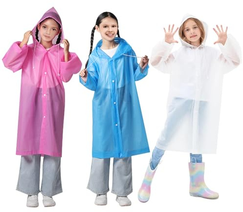 KASURE 3 Pièces Poncho Pluie Enfant, EVA Réutilisable Poncho Pluie Imperméable, Enfant Capuchon Vêtements de Pluie, Poncho Pluie pour Garçons Filles, pour Velo Randonnée Bivouac Camping