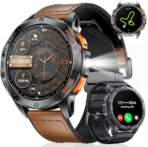 LIGE GPS Militär Smartwatch Herren mit Telefonfunktion/530 mAh Akku,1,43 AMOLED Smart Watch mit Schlafmonitor Herzfrequenz,180 Sportmodi Kompass Fitnessuhr,IP68 Wasserdicht Sportuhr für Android iOS