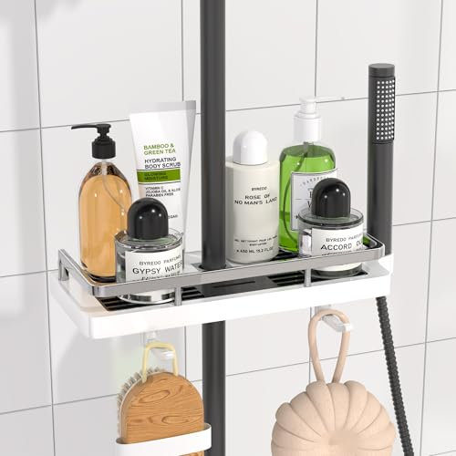 DIYGEEK Mensola Doccia Senza Foratura, Organizzatore Bagno Sospeso Regolabile in Altezza per Barra Doccia Diametro 18-25 mm, 1 Pezzo, Bianco