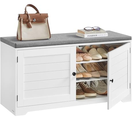 VASAGLE Banc à Chaussures sur 3 Niveaux, Banc de Rangement, avec Portes, Étagères Réglables, Rangement Caché, 35,5 x 101 x 52,5 cm, pour Entrée, Chambre, Blanc Nuage et Gris Tourterelle LSB044W01