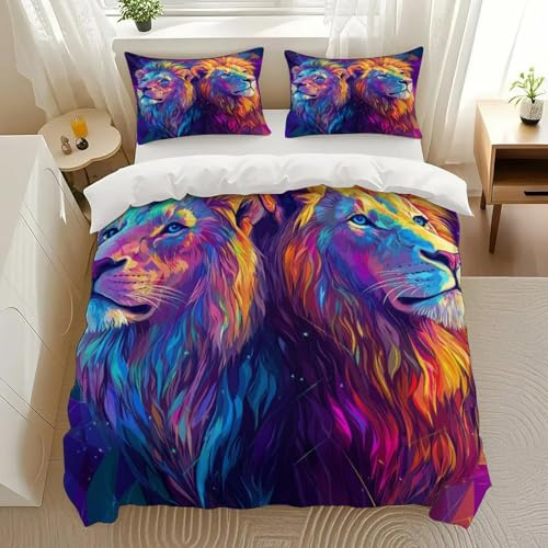ERVGORN Colorful Lion Duo Bedding Comforter Sets Bedding Set 3 Pieces (1 Duvet Cover 2 Pillowcases) with Zipper Closure Lightweight