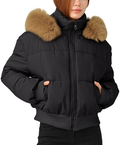 Maeau Women Puffer Jacket with Hood Quilted Short Winter Coat Padded Warm Oversized Lightweight Outwear M Black