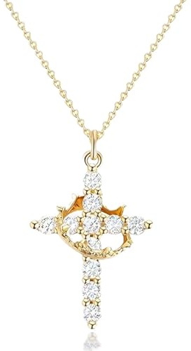 SoundZero Collier Croix avec Paver avec Tournante, Chaîne en forme de croix plaquée or 14 carats, Croix Couronne pour femmes, Collier plaqué or 14 carats avec couronne