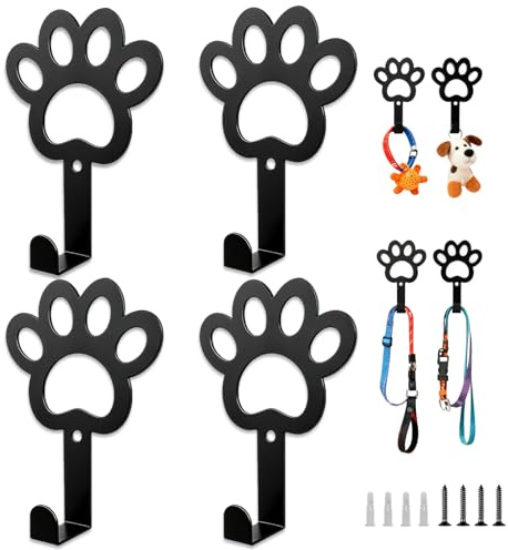 Hundgarderob vägg, uppsättning av 4 hundtassar krokar – garderob för hundar och nyckelhållare, väggfäste med skruvar för hundsele, koppel och halsband