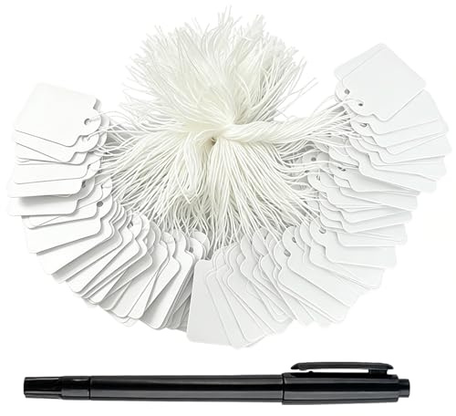 200PCS Tags with String, Rectangle Paper Price Tags, White Blank Labels 22x35mm with 1 Black Dual-Tip Oil-Based Pen for Pricing Labeling and Gift Marking
