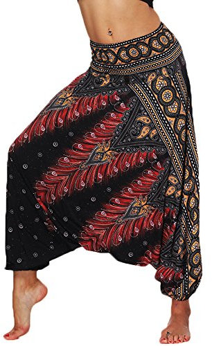 Nuofengkudu Damen Thai Hippie Pumphose Haremshose Aladinhose Gemustert Niedriger Schritt Leicht Luftig Sommerhose Freizeithose Schwarz Pfau