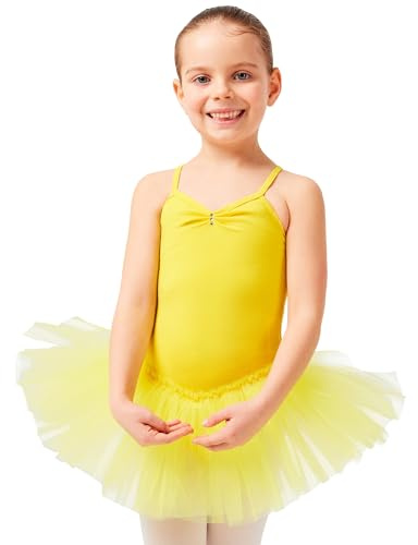 tanzmuster Ballettkleid Mädchen Tutu - Kim - weicher Baumwollstoff - Glitzersteine - Ballett Trikot mit Tüllrock für Kinder - gelb, 128/134