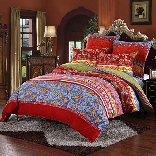 Omela Bettwäsche Set 155x220 Bohemian Boho Style Bettbezug Rot Blumen Muster Indisch Ethnisch Bettdeckenbezug mit Kissenbezug 80x80 cm aus Weich und Angenehm Mikrofaser
