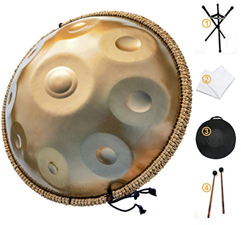 AS TEMAN HANDPAN, Handpan-Trommelinstrument in D-Moll, 9 Noten, 440 Hz, 55,9 cm, Stahlhandtrommel mit weicher Handpan-Tasche, 2 Handpan-Schlägel, Handpan-Ständer, staubfreies Tuch, goldfarben