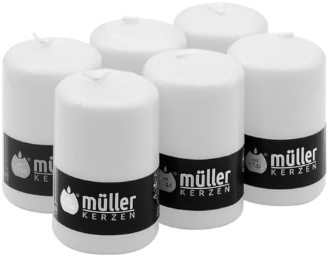 Müller Velas Pilar Grandes - Juego de 6 velas de color Blanco - 68 x 110 mm - Larga duración de 35 horas - Cero antigoteo - Inodoro - Calidad RAL
