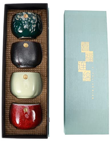 Tazas de Cerámica, Juego de 4 Tazas de Té de Cerámica de Diseño Japonés Tazas de Té de Cerámica Estilo Zen Tetera Artesanal Única China Tazas de Té con Caja de Regalo para Casa y Oficina