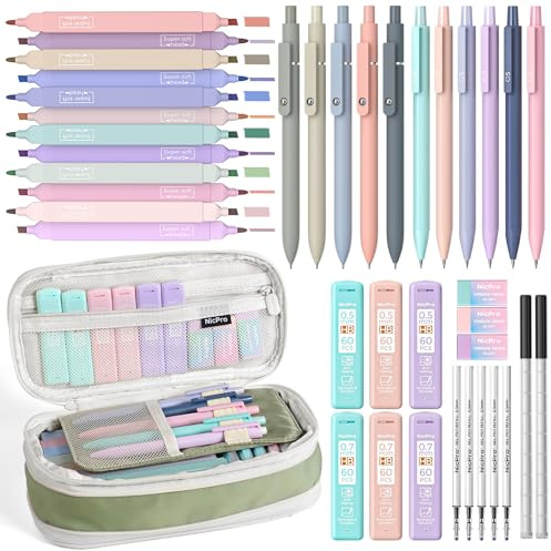 Nicpro 39 PCS Aesthetic School Supplies with Cute Pencil Case, 12 Color Pastel Highlighters, 5 Quick Dry Retractable Black Ink Pens, 6 Pastel Mechanical Pencil 0.5 & 0.7 mm for Student Stationary