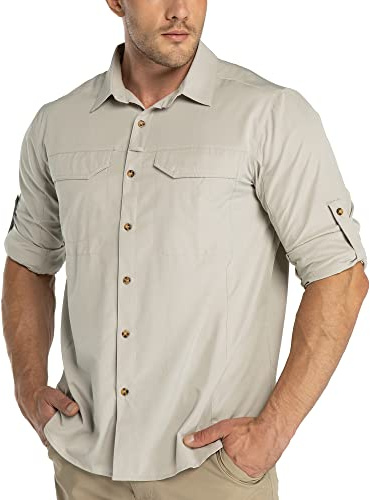 33,000ft Men's Long Sleeve Hiking Shirt Lightweight Quick Dry UV Button Shirts with Pockets Outdoor Shirts for Safari Walking Fishing Khaki M
