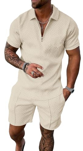 UOUA Mens Track Suits 2 Piece Sets Short Sleeve Sweatsuit Outfits Casual Quarter Zip Golf Polo Shirts & Summer Jogger Shorts Outdoor Sets Beige L