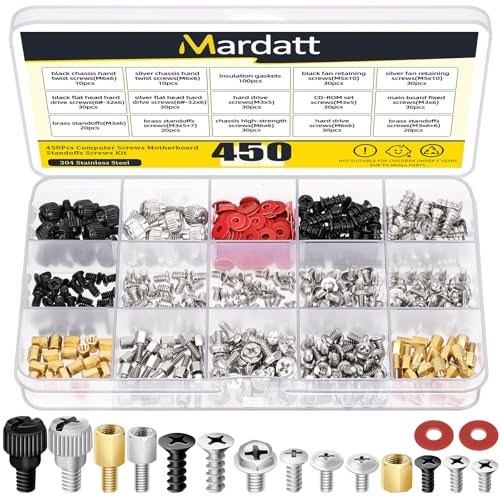 Mardatt 450Pcs Computer Screws Kit, Motherboard Standoffs, PC Laptop Screws, HDD SSD Hard Drive Case Fan CD-ROM Screws
