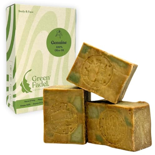 GREEN FADEL Sapone di Aleppo Originale, 100% Olio d'Oliva, 3 x ca. 200g (Genuine) Sapone all'Olio d'Oliva, Naturale, Fatto a Mano, Vegano, per Viso e Corpo