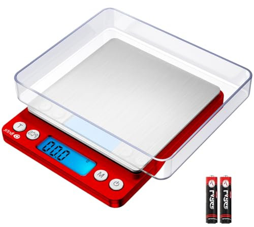 Criacr Digital Cooking Scales, (500g/ 0.01g) High-Precision Kitchen Scales, Stainless Steel Jewelry Scales with Back-Lit LCD Display, Two Trays, Tare and PCS Features, Batteries Included (Red)