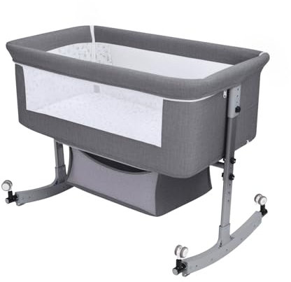 Makamsui Bedside Crib for Baby, Portable Newborn Baby Bassinet Bedside Sleepers with Large Curvature Cradle, Height Adjustable, Movable Beside Bassinet with Mosquito Net Grey