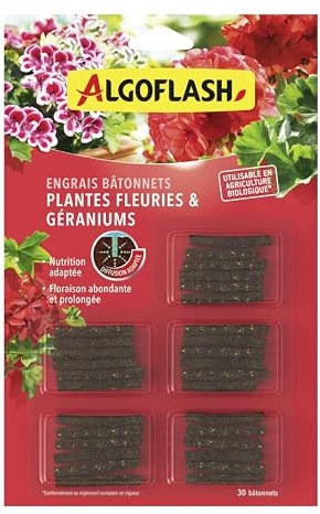 Algoflash Bâtonnets Engrais Géraniums et Plantes Fleuries, Utilisable en Agriculture Biologique - 30 Bâtonnets, Marron