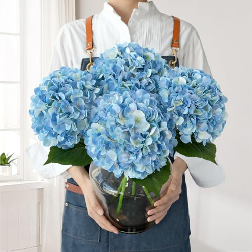 JINWOE Blue Flowers Hydrangea Artificial Flowers, 4Pcs 22 Large Lifelike Silk Artificial Hydrangeas, Full Fake Flowers for Bouquet Table Centerpieces Outdoor Wedding Indoor Home