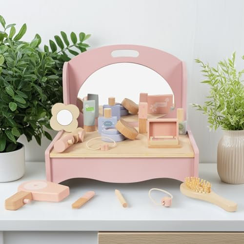 WOODENFUN Pink Girl Wood Dressing Table, Foldable Dressing Table, Equipped with 14-makeup Accessories, Desktop Dressing Table (Folding)
