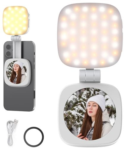 NEEWER BÁSICO Magnética Selfie Light Compatible con MagSafe iPhone, CRI95 700lx/0,3m Aro Luz Relleno LED Plegable con Soporte/Espejo para Zoom Maquillaje Foto Grabación Videoconferencia, Blanco NL48B