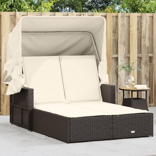 FUDUGEHMIOFWFJJ Double Sun Lounger with Canopy and Cushions Brown Poly Rattancamping Chairs Tanning Chair Outdoor Lounge Chairs Recliner chairSuitable for Gardens, courtyards