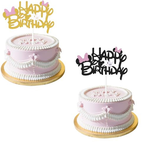 2 Stück Mini Maus Tortendeko Geburtstag Glitter Toppers, Mouse Cake Topper, Happy Birthday Cake Topper, Mädchen Kuchen Toppers für Baby-Dusche Kinder Party Geburtstag Schwarz Gold