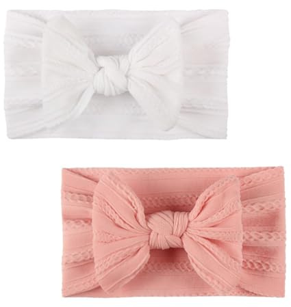 2 Pcs Baby Bows,Elastic Nylon Bow Baby Headbands, Soft Wide Newborn Headbands, Elastic Nylon Headband, Newborn Headband for Girls Babies, Newborns, Infant and Toddlers.(Pink,White)