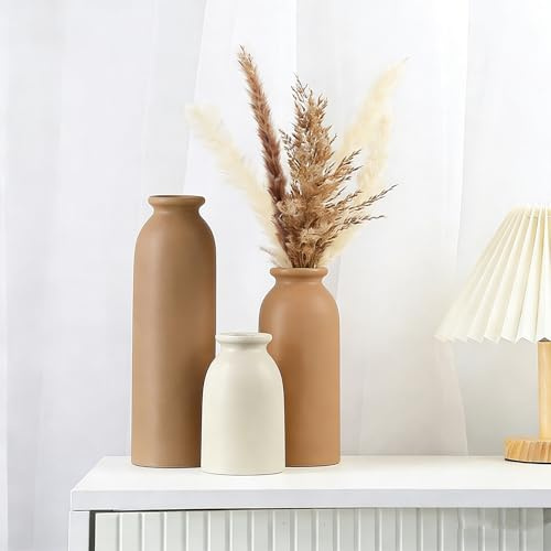 Juego de 3 Jarrones de Cerámica,Jarrones Deco Estética Neutra Boho Floreros Deco Escandinavos,decoración Moderna de la casa de Campo,para la Sala de Estar,el Estante (Beige Marrón)