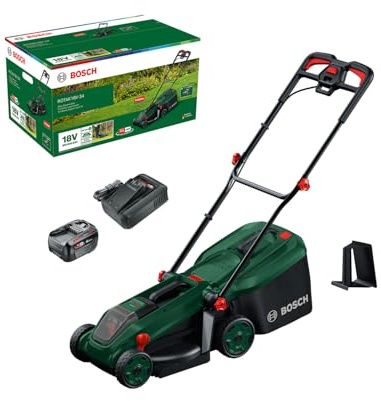 Bosch ROTAK18V-34 cordless mower (cutting width: 34 cm, cutting height: 25-65 mm, fabric grass collection bag 35 l, mulch plug, with battery and charger)