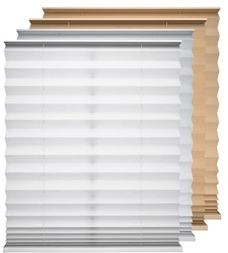 BLINDS101 Cordless Pleated Fabric Shades for Indoor Windows, Cut to Size, Easy Install Self Adhesive, No Drills No Tools, Light Filtering Blinds, Color: White, Size: 26 W x 64 L