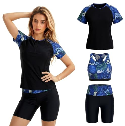 Owntop UV Rashguard Set Damen 3-teilig – Kurzarm Schwimmshirt mit Tanktop & Badehose, Schnelltrocknende Swimwear mit UV Schutz für Strand Schwimmen Wassersport, Schwarz S