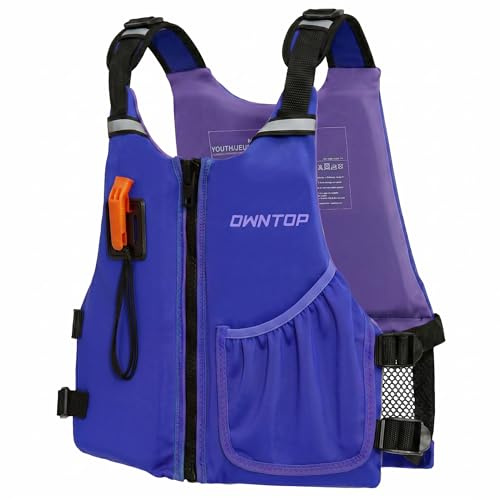 Owntop Gilet da Nuoto Junior & Bambini 30-50 kg – Ausilio al Galleggiamento con Fischietto, Schienale Mesh & Tasca – Giacca Neoprene Regolabile per Kayak, Canoa, Nuoto – 6-14 Anni M/F(Viola,L)