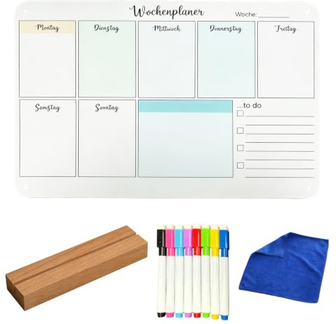 Planificateur hebdomadaire en acrylique avec support en bois, 30 x 20 cm, tableau de planification effaçable, 8 stylos pour tableau blanc, chiffon de nettoyage et 4 aimants pour réfrigérateur